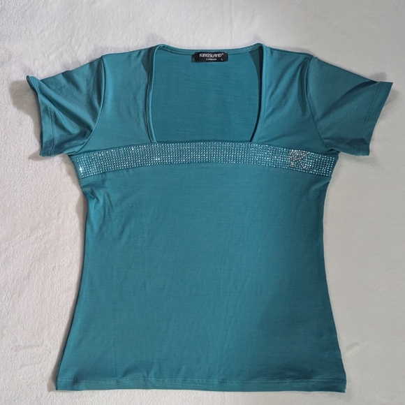 Tops - Vintage Stylish Teal Top with Rhinestone Detail